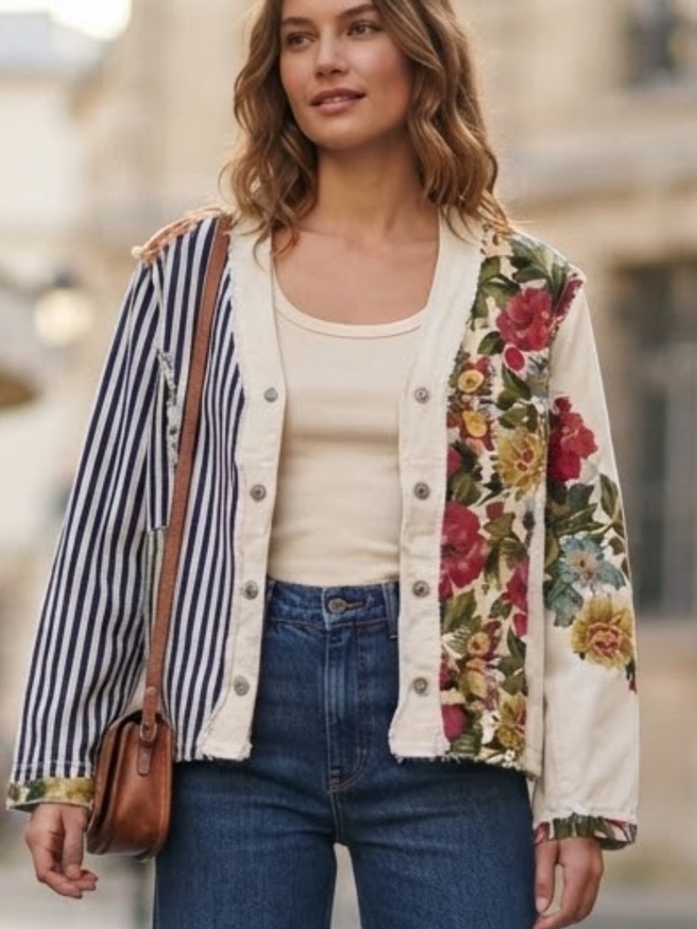 POL Patchwork Floral & Stripe Button-Front Jacket - Size Small Beautiful Jacket!